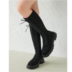 COCCOO Stretch To The Knee Black Combat Boots Lace Up EU SZ 38